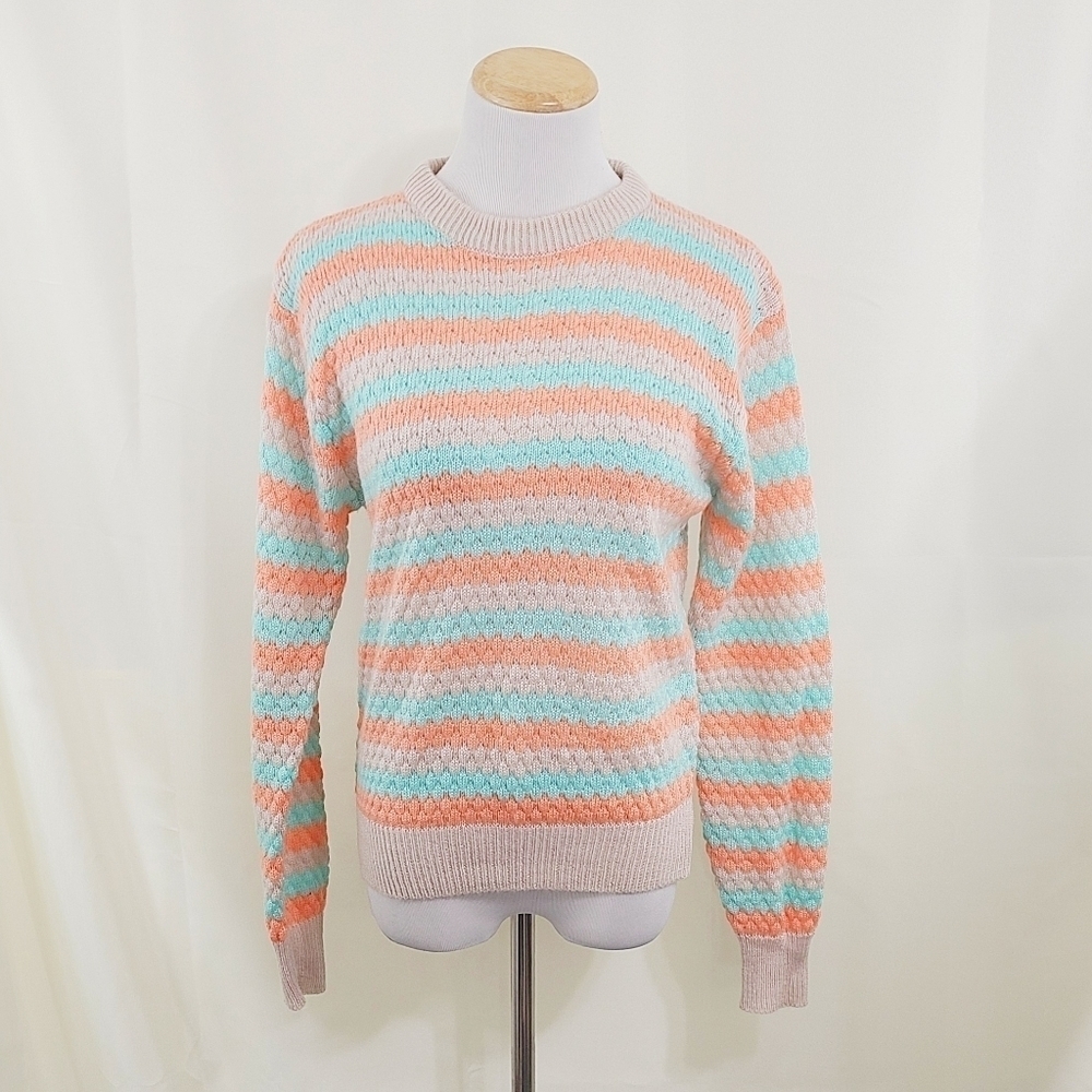 Vintage 80s striped sweater pastel aqua dusty rose pink coral